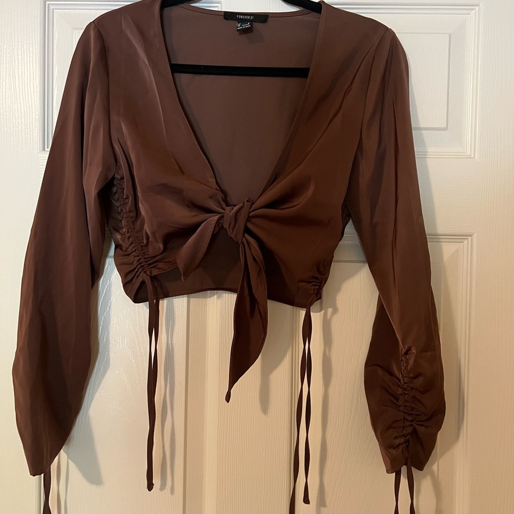 Forever 21 Brown Puff Sleeve Crop Blouse